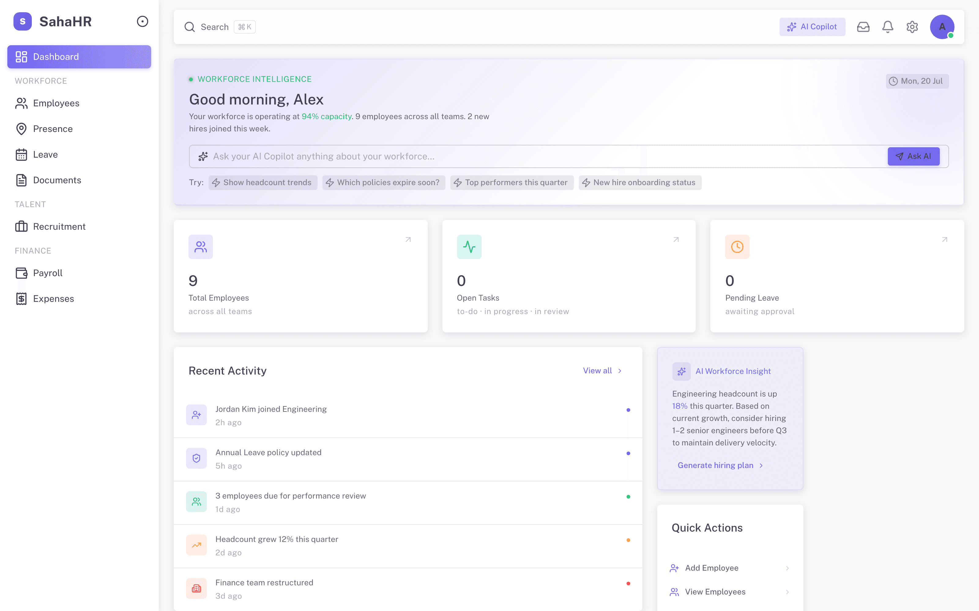 SahaHR dashboard showing headcount, leave balances, payroll status and AI insights
